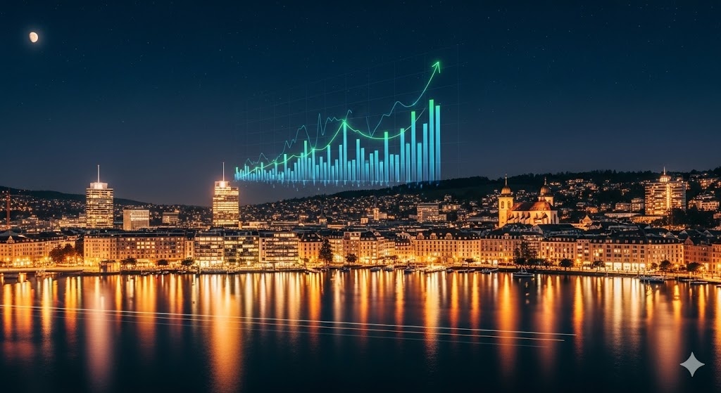 [A breathtaking panoramic view of a modern Swiss city at night, with warm city lights reflected in a calm lake and a subtle, glowing 3D financial growth chart overlaid in the sky.]