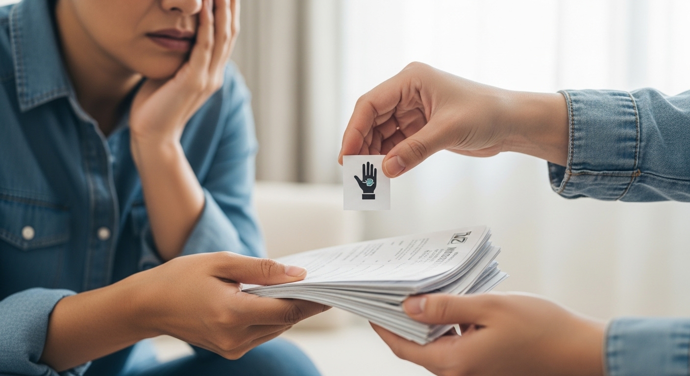 수북이 쌓인 의료비 고지서를 보며 걱정하는 손 옆에 도움의 손길이 놓여 안도감을 주는 모습.