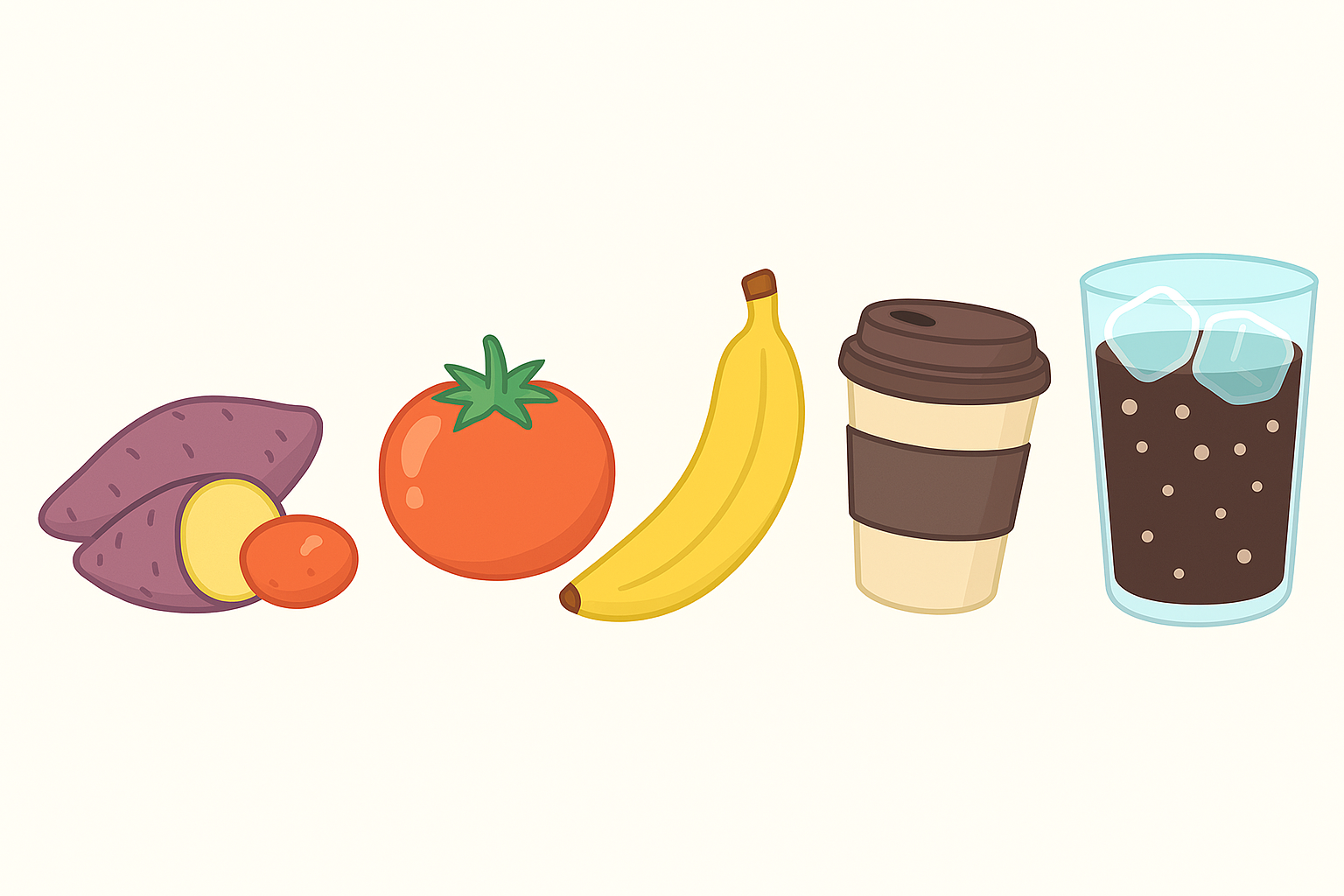 고구마, 토마토, 바나나, 커피, 차가운 탄산음료의 이미지