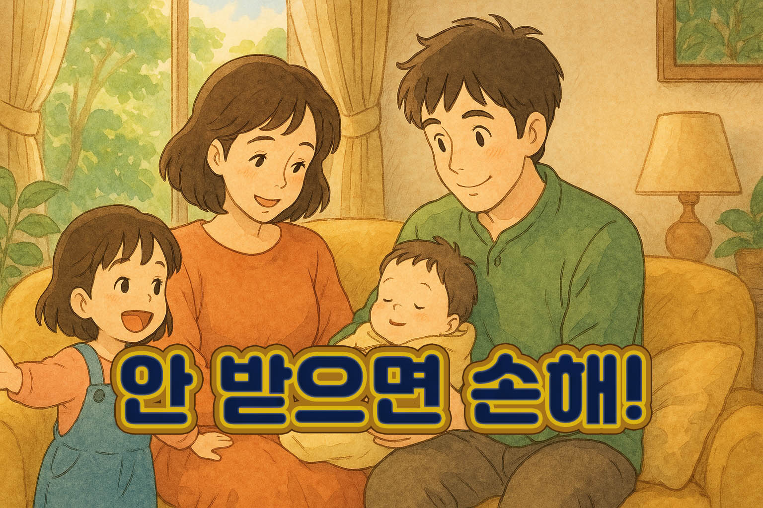지브리풍의 따뜻한 가족(부모, 두 아이) 일러스트 중앙에 파란색 글씨로 "안 받으면 손해!" 문구가 강조된 이미지입니다