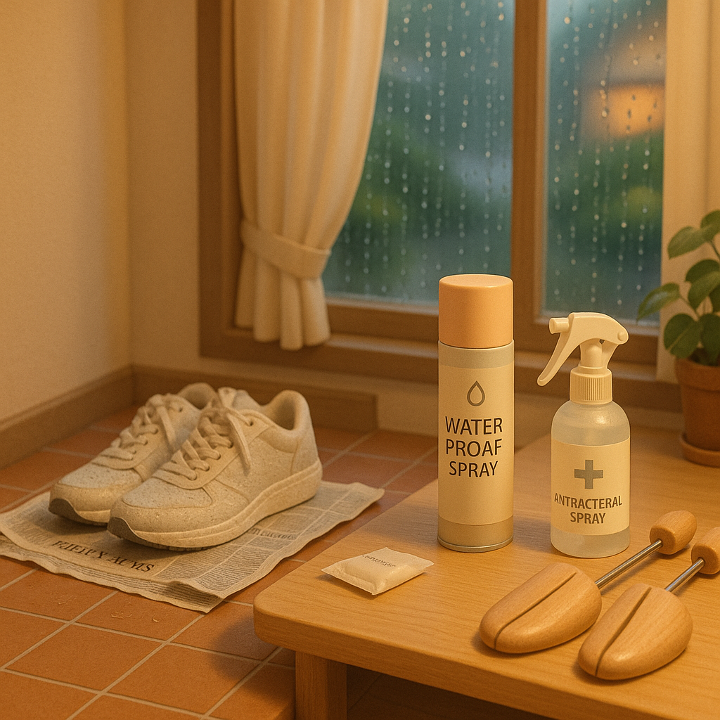 장마철 비오는 날, 현관 앞에 젖은 운동화들이 놓여있고 신문지와 건조제가 준비된 모습