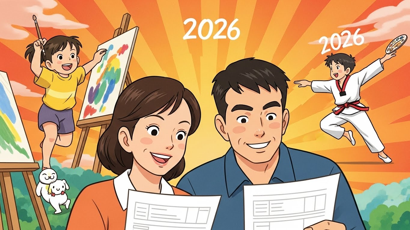 초등 저학년 아이들이 피아노, 그림, 태권도 등 다양한 예체능 활동을 하는 모습.