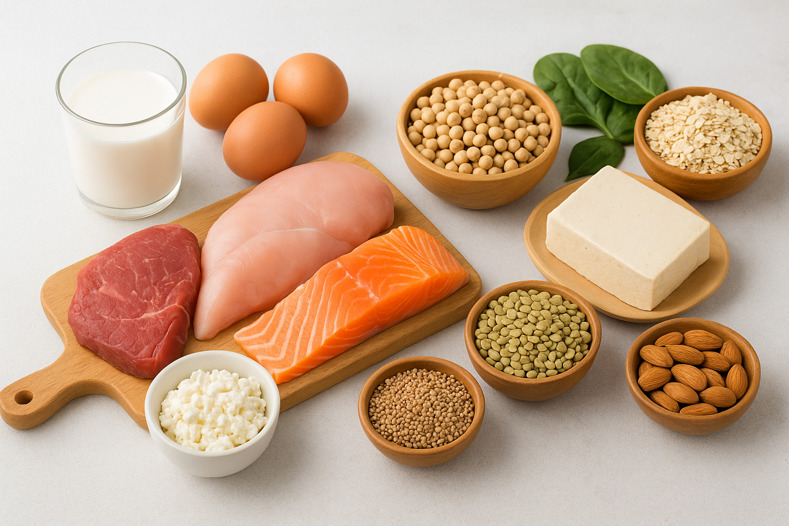 다양한 단백질 음식 - 우유 고기 달걀 두부 견과류 등