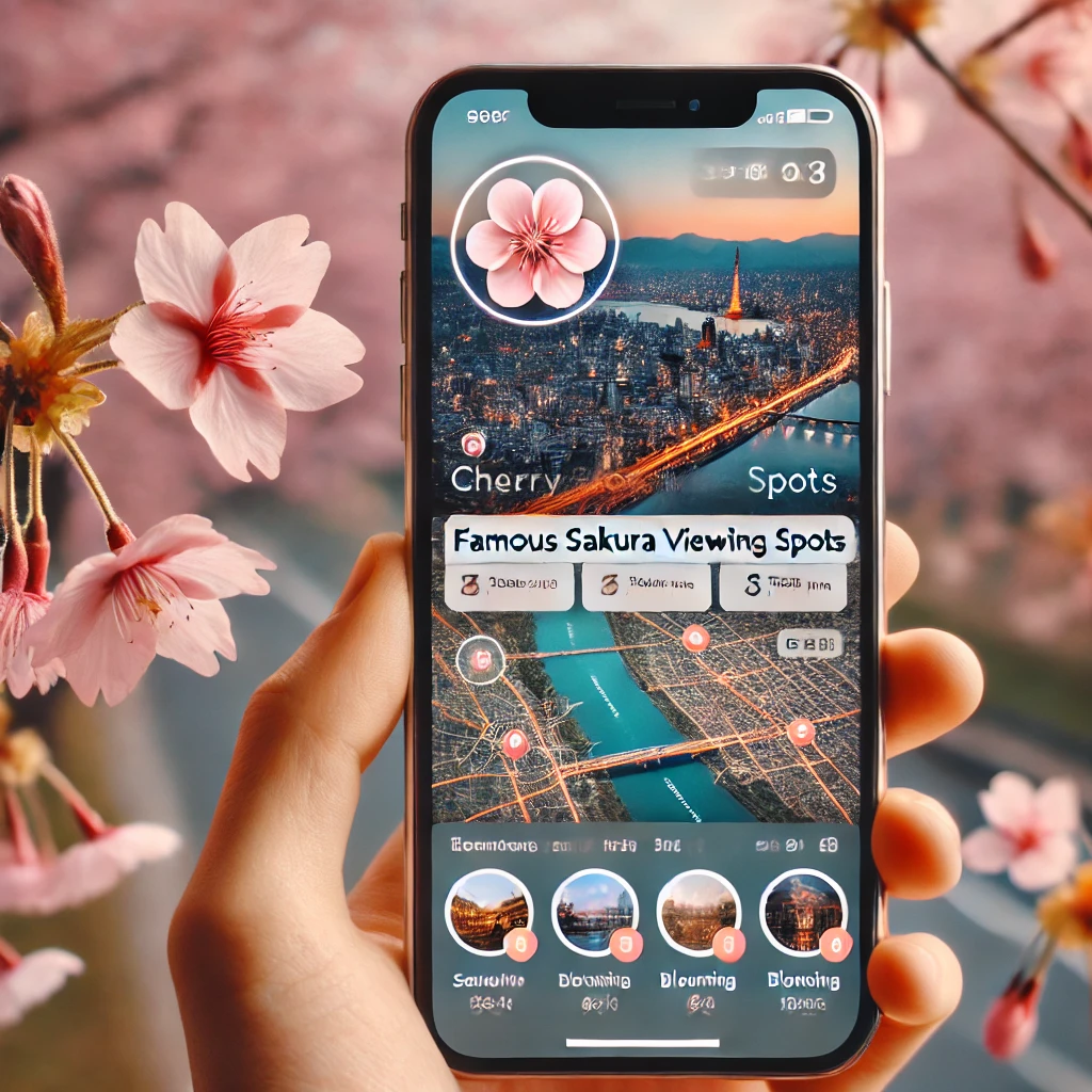 스마트폰 화면에 일본 벚꽃 여행 관련 어플이 표시된 모습