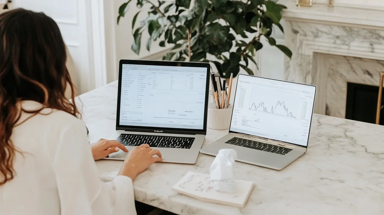 투자자 두 명이 국내상장 미국 ETF의 월배당 수익률을 노트북의 ETF 차트와 함께 분석하며 집중하는 모습, 월배당 ETF, 투자 수익률 비교, 미국 ETF 분석, 투자 전략, 수익형 ETF 등 주요 키워드와 함께 실제 투자상황 재현