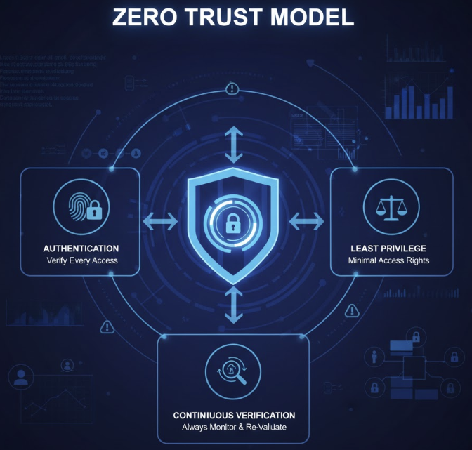 제로 트러스트 모델의 핵심 원칙을 설명하는 인포그래픽. 중앙의 방패 아이콘을 중심으로 인증(모든 접근 검증), 최소 권한(최소 접근 권한), 지속 검증(항상 모니터링 및 재평가)의 세 가지 원칙이 각각의 아이콘과 함께 설명