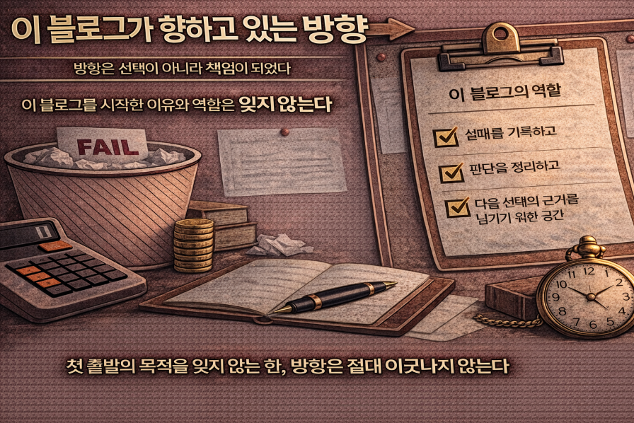 블로그의 역할과 방향을 체크리스트 형태로 정리한 이미지, 이후 모든 콘텐츠가 이 방향에 책임을 지는 구조를 표현한 일러스트