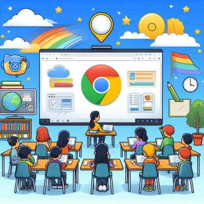 두 명의 사람이 사무실에서 크롬 브라우저를 이용해 업무를 보는 모습.