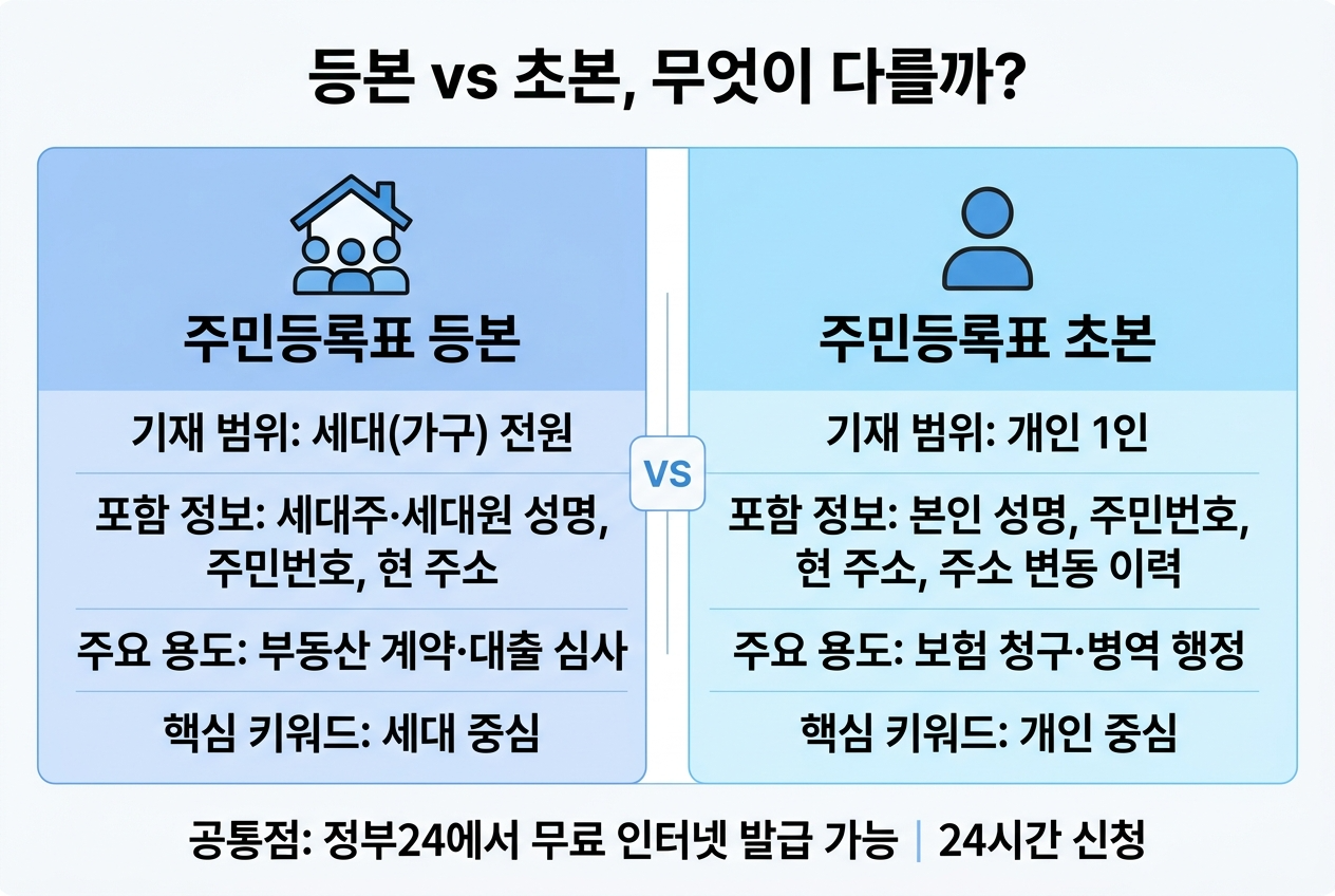주민등록등본과 초본 차이 비교 인포그래픽 - 등본은 세대(가구) 전원의 성명&middot;주민번호&middot;현 주소를 기재하며 부동산 계약&middot;대출 심사에 사용. 초본은 개인 1인의 정보와 주소 변동 이력을 기재하며 보험 청구&middot;병역 행정에 사용. 정부24에서 24시간 무료 인터넷 발급 가능