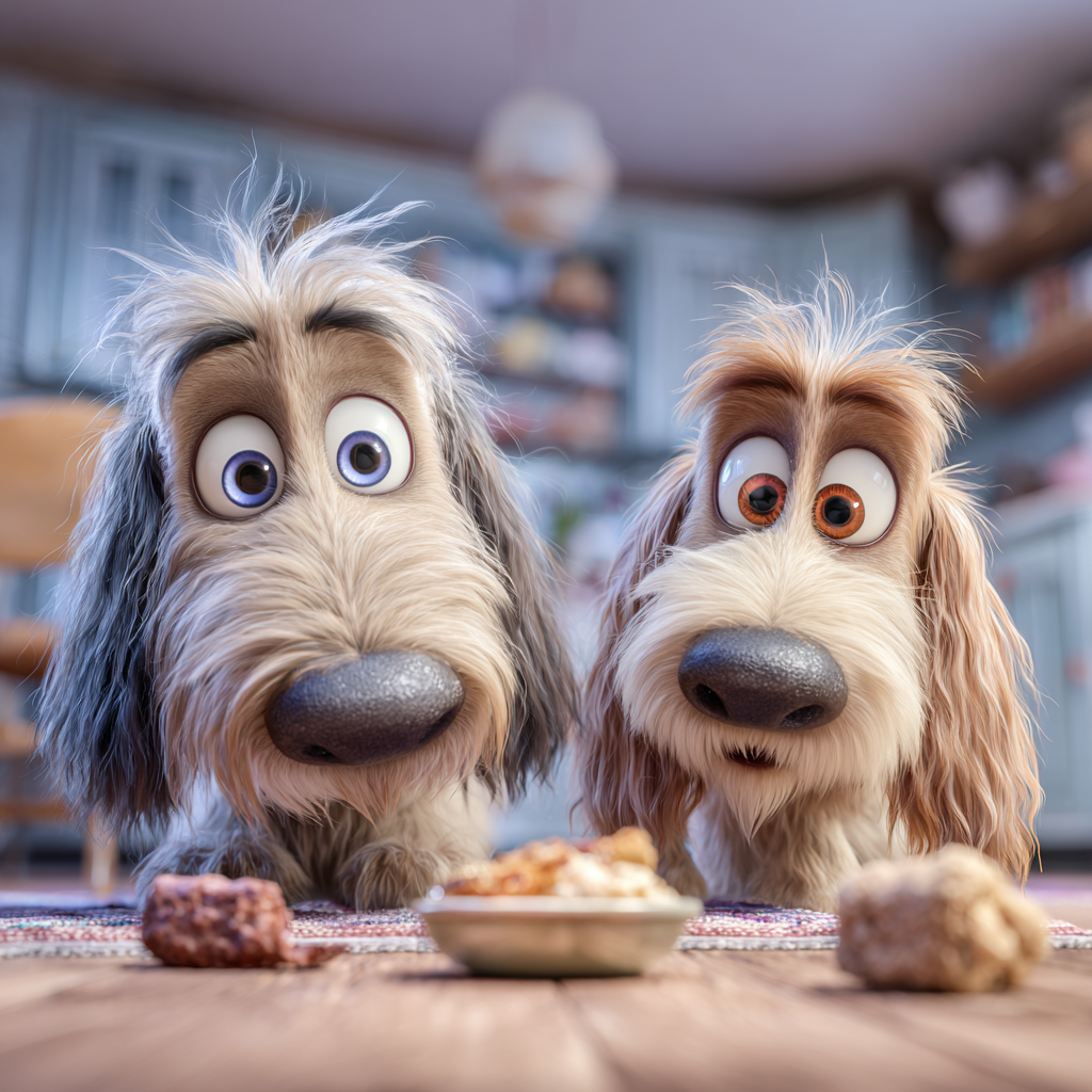 개껌을 바라보는 강아지들, 픽사형 일러스트