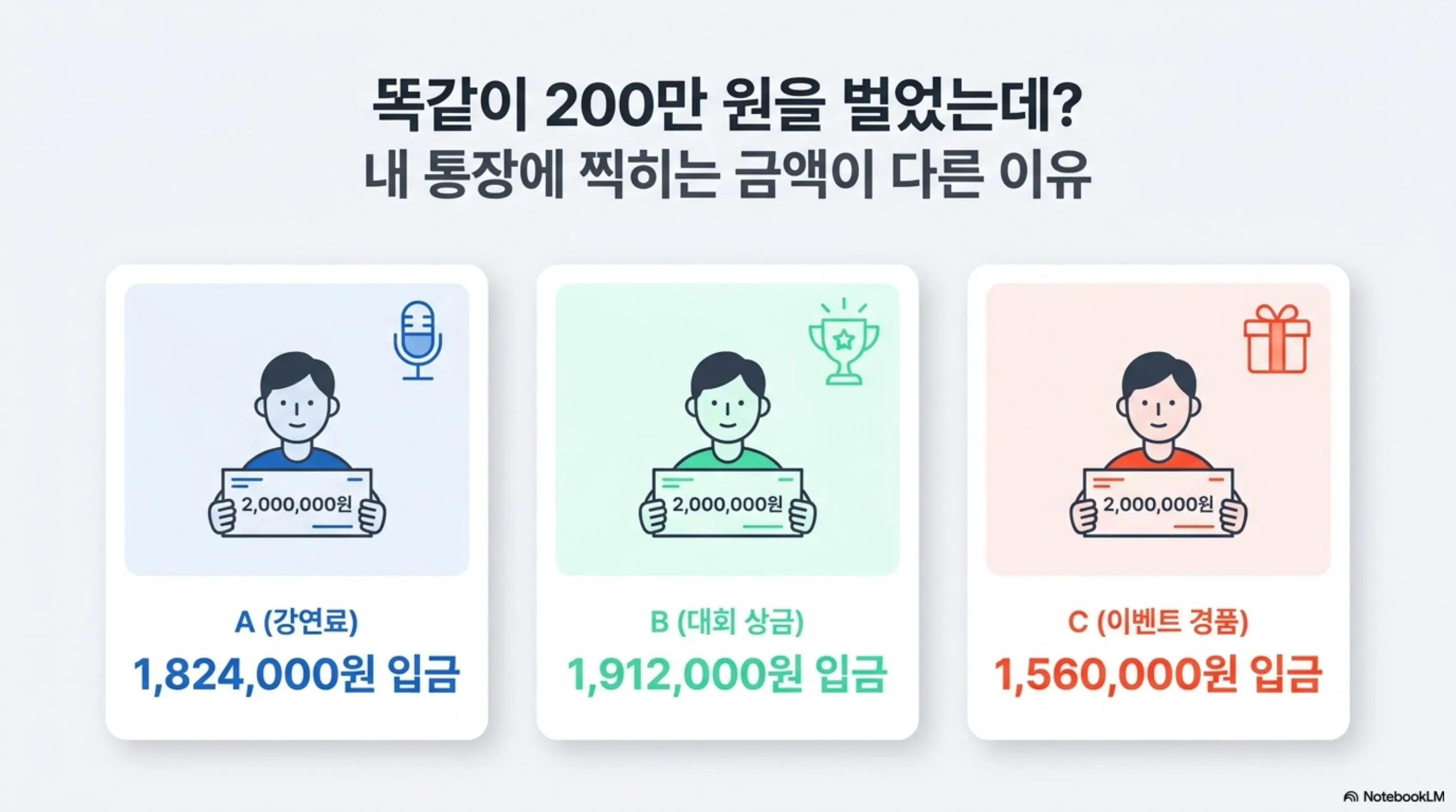 기타소득 원천징수: 똑같이 200만 원을 벌었는데 내 통장에 찍히는 금액이 다른 이유라는 문구와 함께 강연료 수령자는 1&amp;#44;824&amp;#44;000원 대회 상금 수령자는 1&amp;#44;912&amp;#44;000원 이벤트 경품 수령자는 1&amp;#44;560&amp;#44;000원이 입금되는 것을 세 명의 캐릭터로 비교하는 인포그래픽 이미지. 이 이미지는 기타소득 필요경비율 차이에 따른 실수령액 차이를 시각적으로 전달하며 블로그의 기타소득 항목별 원천징수 세금 계산 비교와 관련된 내용을 설명함