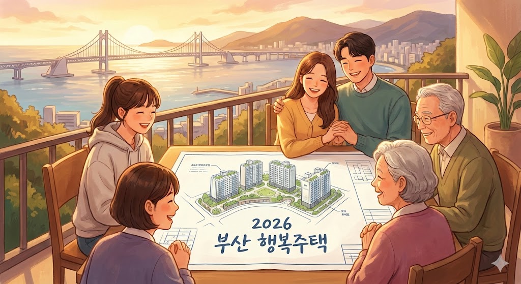 2026년 부산 행복주택 모집 공고 썸네일, 희망찬 입주민 일러스트