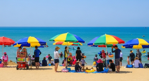 강릉 바닷가에서 파라솔 아래 여름 즐기는 사람들&amp;#44; 밝고 시원한 분위기