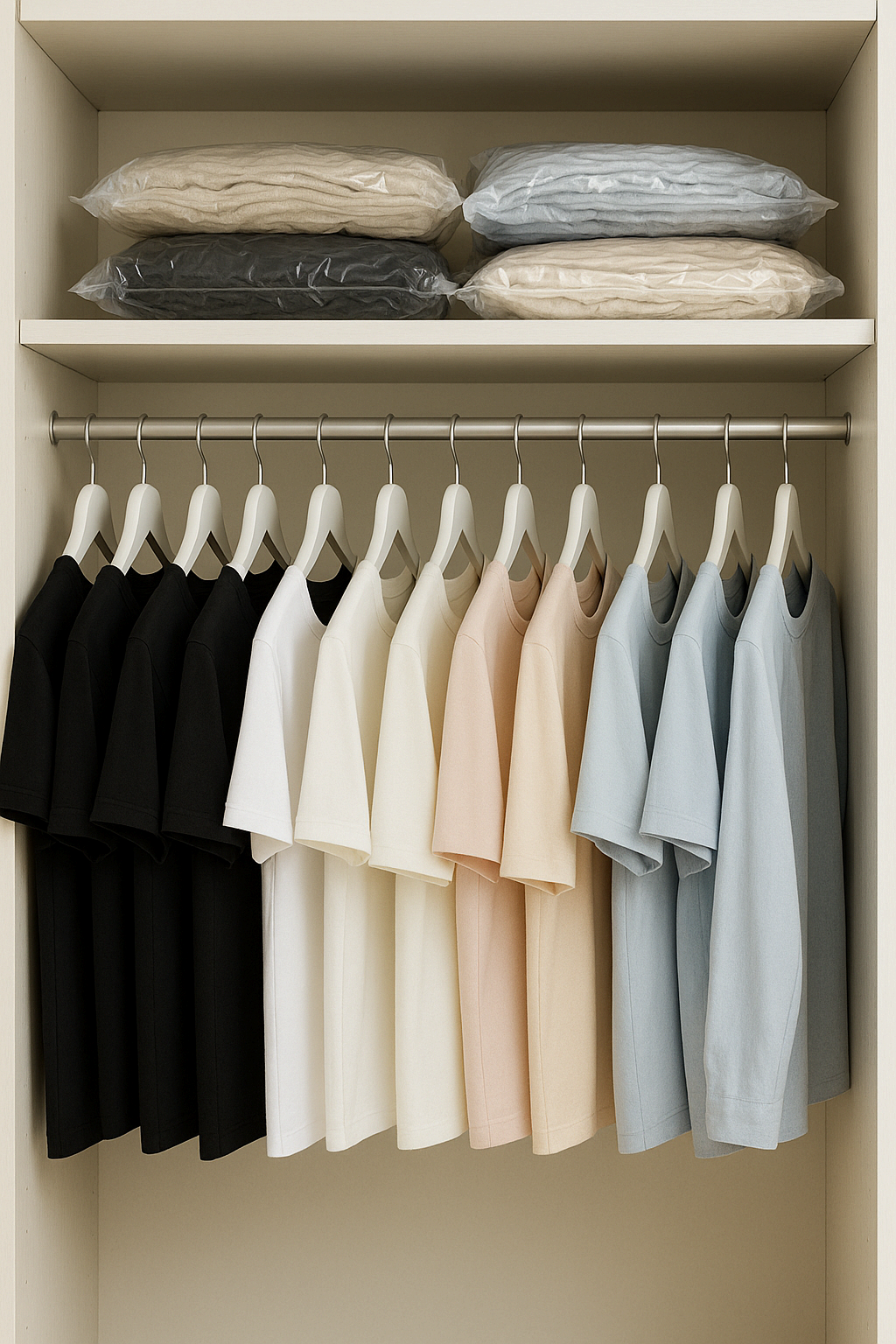 색상별로 정리된 옷걸이와 압축 보관된 계절 옷