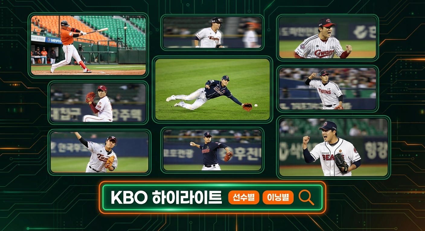 KBO 공식 채널에서 제공하는 이닝별, 선수별 하이라이트 영상을 여러 화면으로 동시에 즐기는 모습. 효율적인 하이라이트 시청 방법 안내.