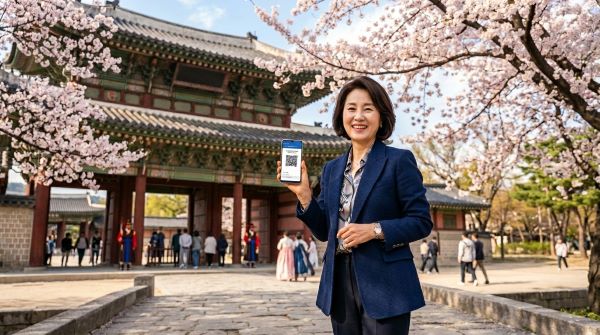 여행지에서 QR코드를 보여주는 여인