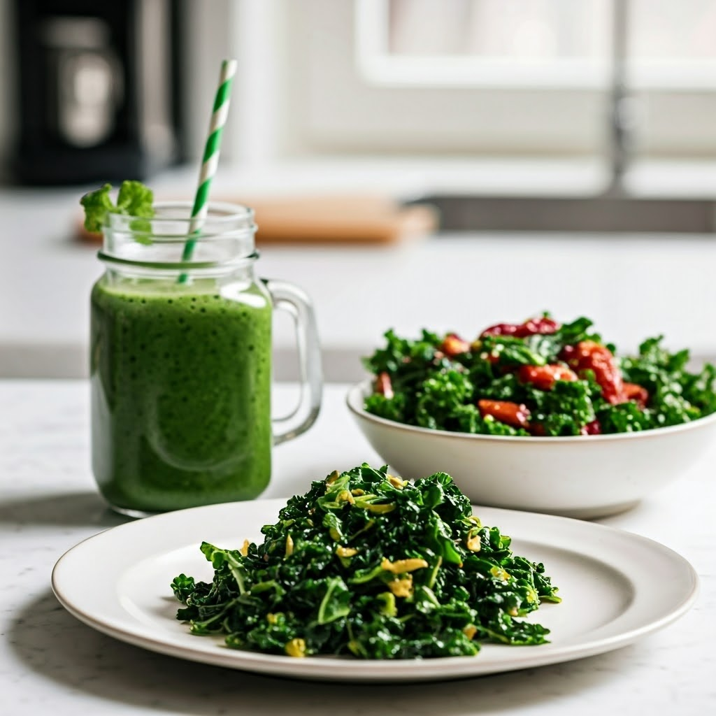 컬리케일 스무디, 볶음, 샐러드 사진