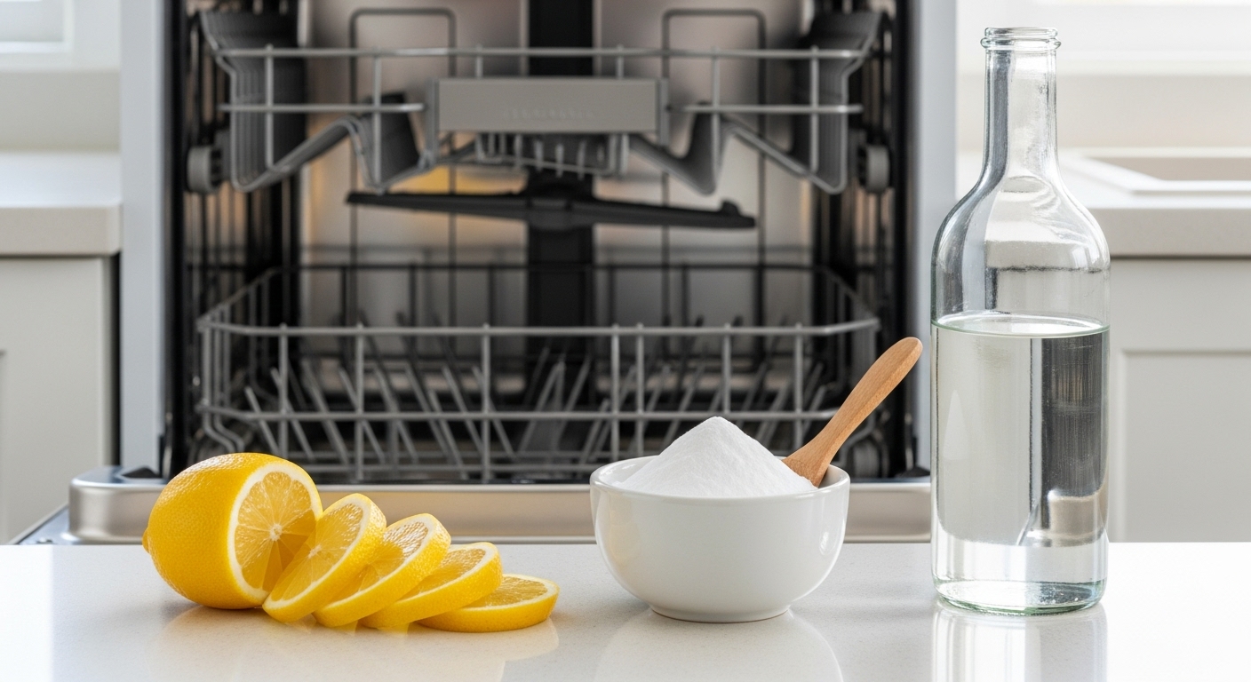 레몬, 베이킹소다, 식초 등 천연 재료가 깨끗한 식기세척기 옆에 놓여 있는 모습.