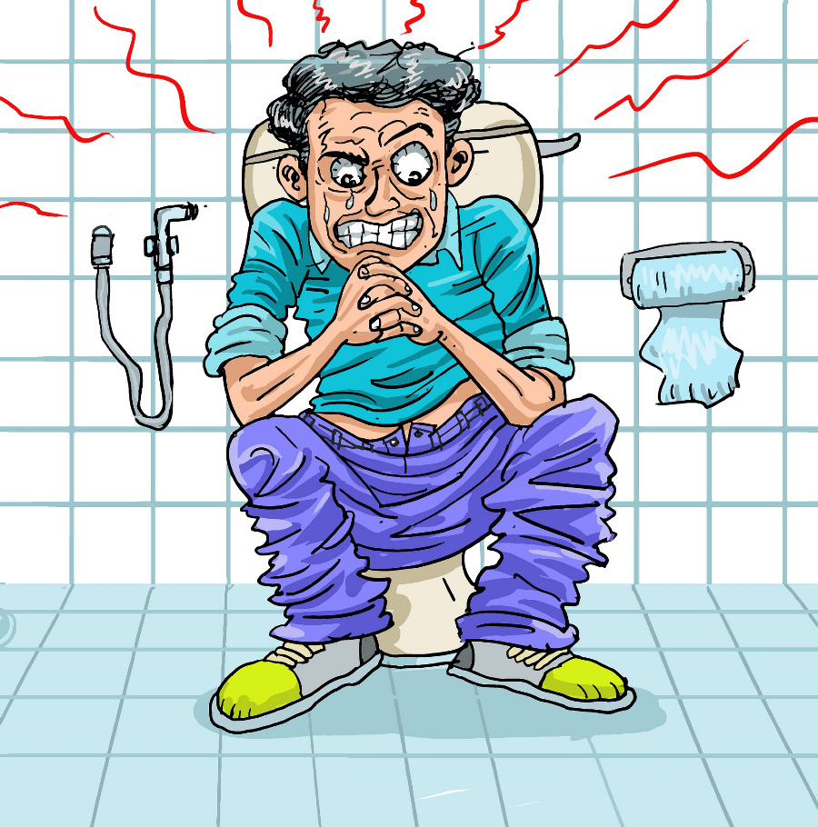 한 중년 남성이 화장실의 양변기에 앉아서 대변을 보고 있는데, 변비 때문에 대변이 나오지를 않아서, 전신에 힘을 주고 괴로워하고 있는 것을 그린 그림