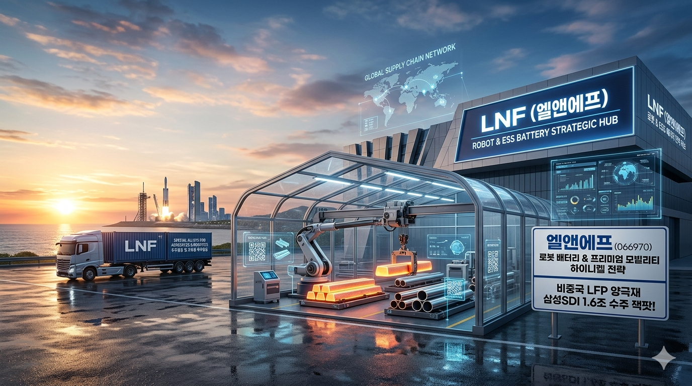 엘앤에프(066970)의 로봇 및 ESS 배터리 전략 허브(ROBOT &amp; ESS BATTERY STRATEGIC HUB) 건물을 배경으로 한 블로그 썸네일 이미지. 화면 중앙의 투명한 보호 돔 안에서 지능형 로봇 팔이 고온의 니켈&middot;망간&middot;코발트(NMC) 합금 소재를 정밀하게 처리하고 있습니다. 오른쪽 하단 안내판에는 '로봇 배터리 &amp; 프리미엄 모빌리티 하이니켈 전략', '비중국 LFP 양극재 삼성SDI 1.6조 수주 잭팟!'이라는 문구가 적혀 있으며, 상단 홀로그램은 글로벌 공급망 네트워크를 보여줍니다. 왼쪽 배경에는 석양을 뒤로하고 로켓이 발사되는 모습과 엘앤에프 로고가 새겨진 컨테이너 트럭이 배치되어 기업의 첨단 기술력과 미래 지향적인 비즈니스 모델을 시각화하고 있습니다.