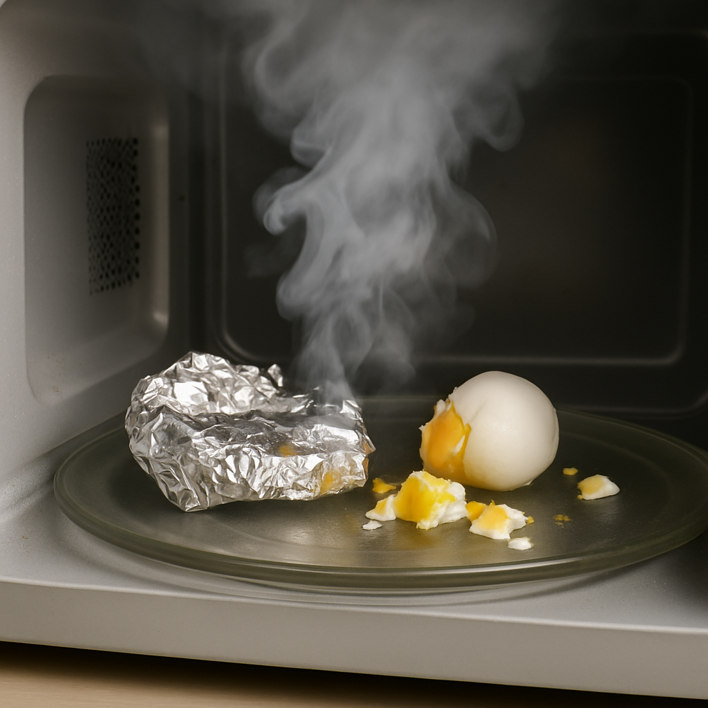 전자레인지 내부 접시 위에 알루미늄 호일과 반쯤 터진 삶은 달걀이 놓여 있고, 그 위로 연기가 피어오르는 장면