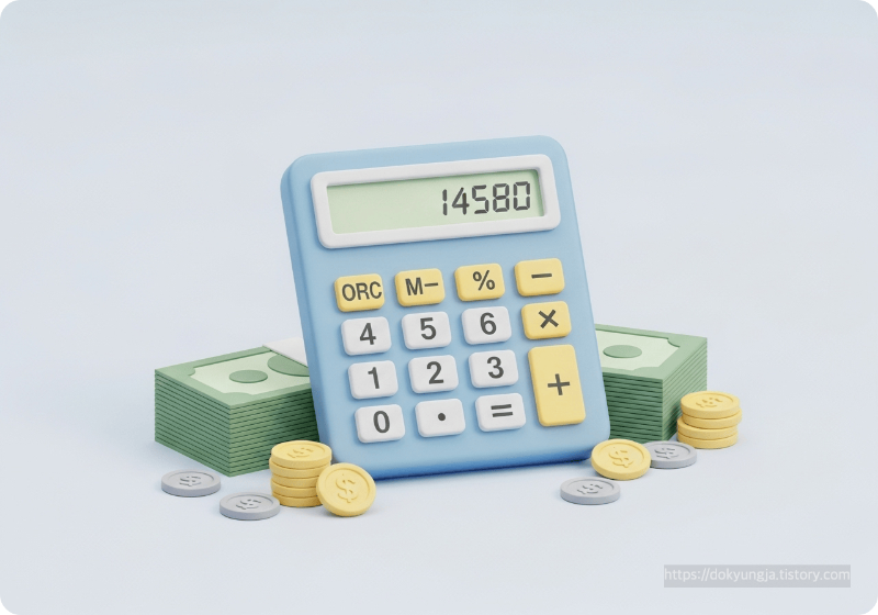 계산기 위에 지폐와 동전이 있는 혜택 계산을 표현한 3D 아이콘
