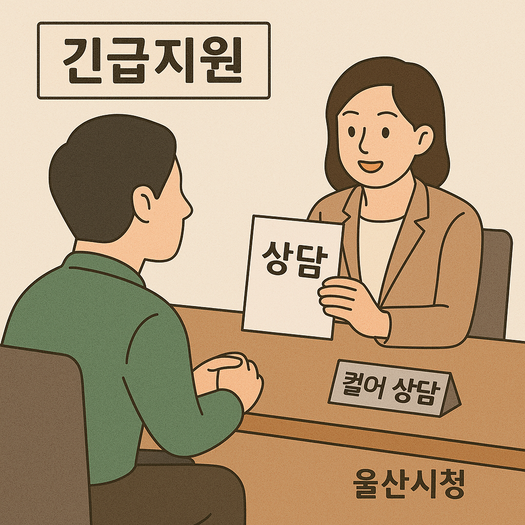 울산시청 복지상담 창구에서 긴급지원을 상담하는 시민과 직원의 모습