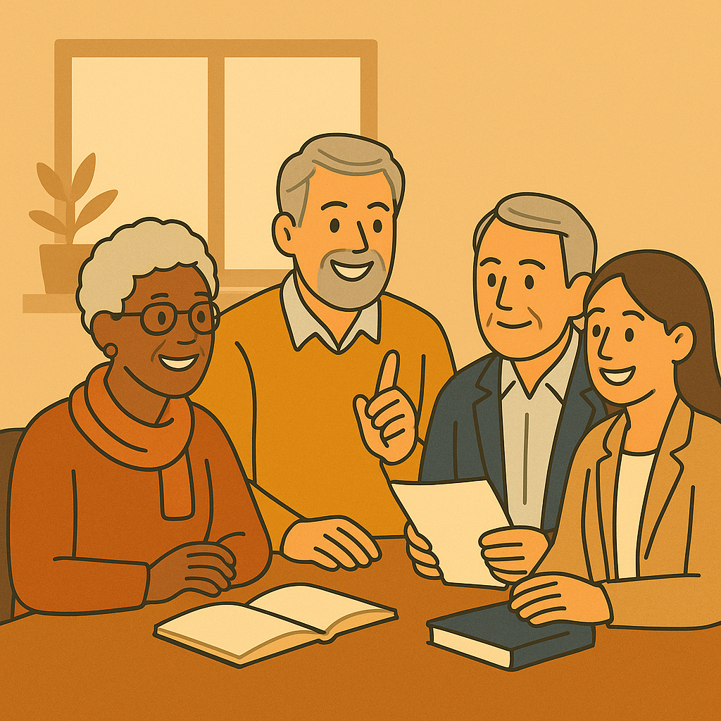 네 명의 60대 중·장년 구직자들이 사무실 내 회의 테이블 앞에 둘러앉아 서로 자료를 보고 환하게 웃으며 의견을 나누는 플랫 디자인 일러스트