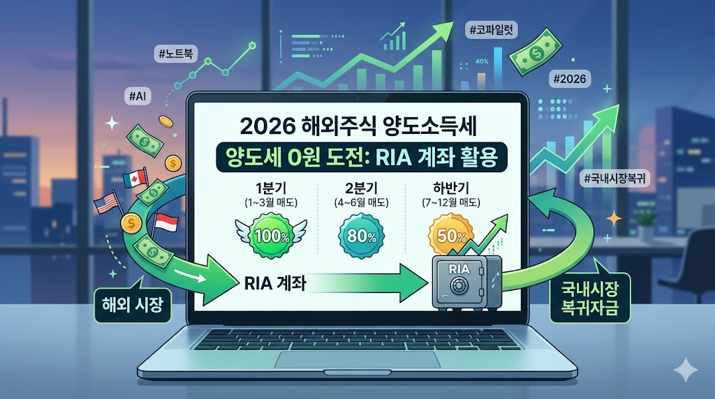 2026년 최신 세법 개정안인 RIA 계좌의 100% 감면 혜택을 강조하는 화려한 인포그래픽 배경의 노트북 화면