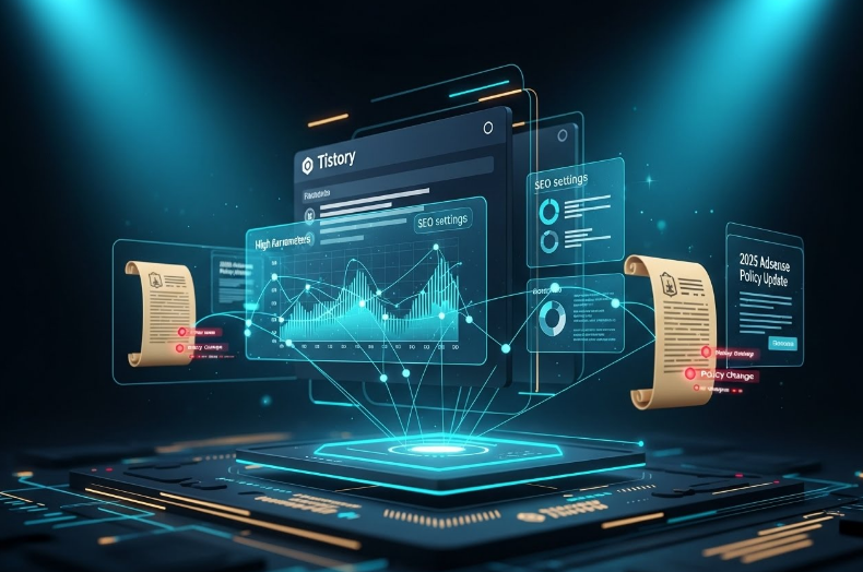 2025년 티스토리 블로그 애드센스 수익화를 위한 SEO 설정 및 정책 변화를 보여주는 디지털 시각화 이미지