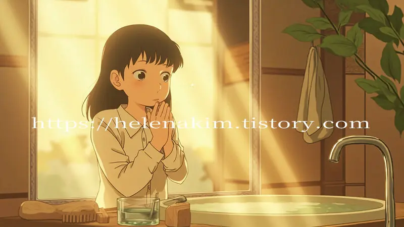 아침에 일어나 욕실에서 입냄새를 확인하는 이미지.