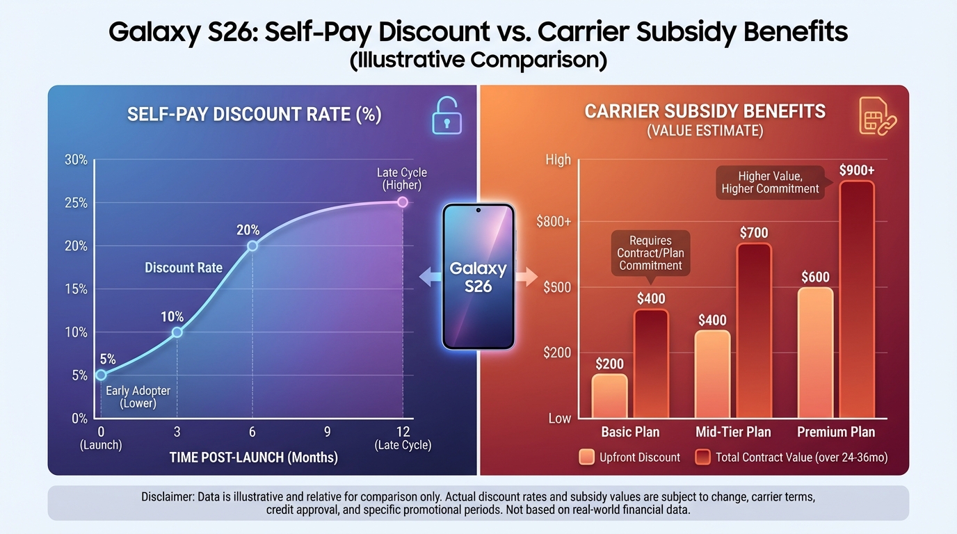 갤럭시 S26 자급제 할인율과 통신사 공시지원금 혜택을 비교하는 그래프 이미지