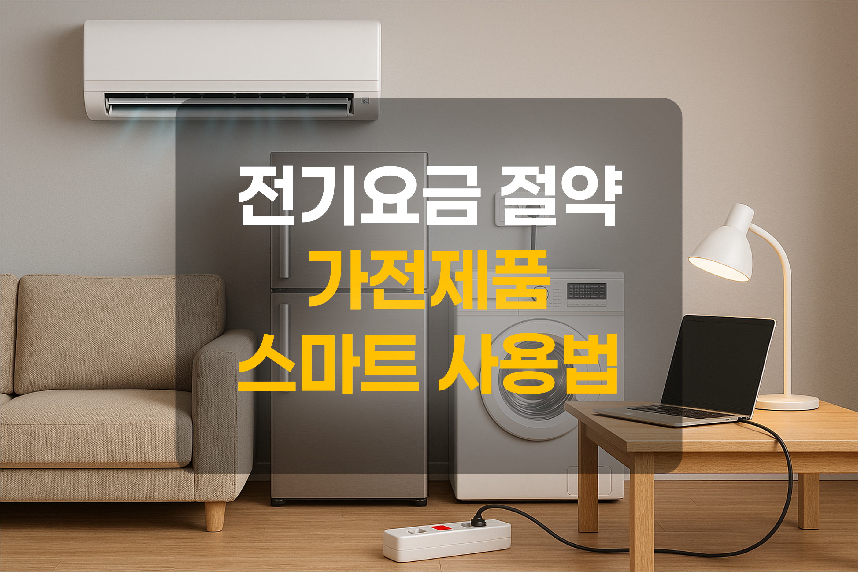 가정에 놓인 가전제품(에어컨, 전열등, 노트북, 냉장고, 세탁기)를 표현한 이미지