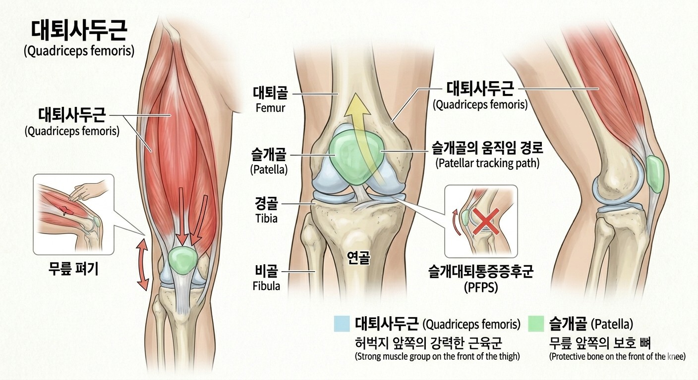 - 대퇴사두근: 왼쪽의 전면도를 보시면, 허벅지 앞쪽의 강력한 근육군인 '대퇴사두근'
- 슬개골: 오른쪽의를 보시면, '무릎뼈' 즉 슬개골의 위치
이미지출처: Gemini AI 생성