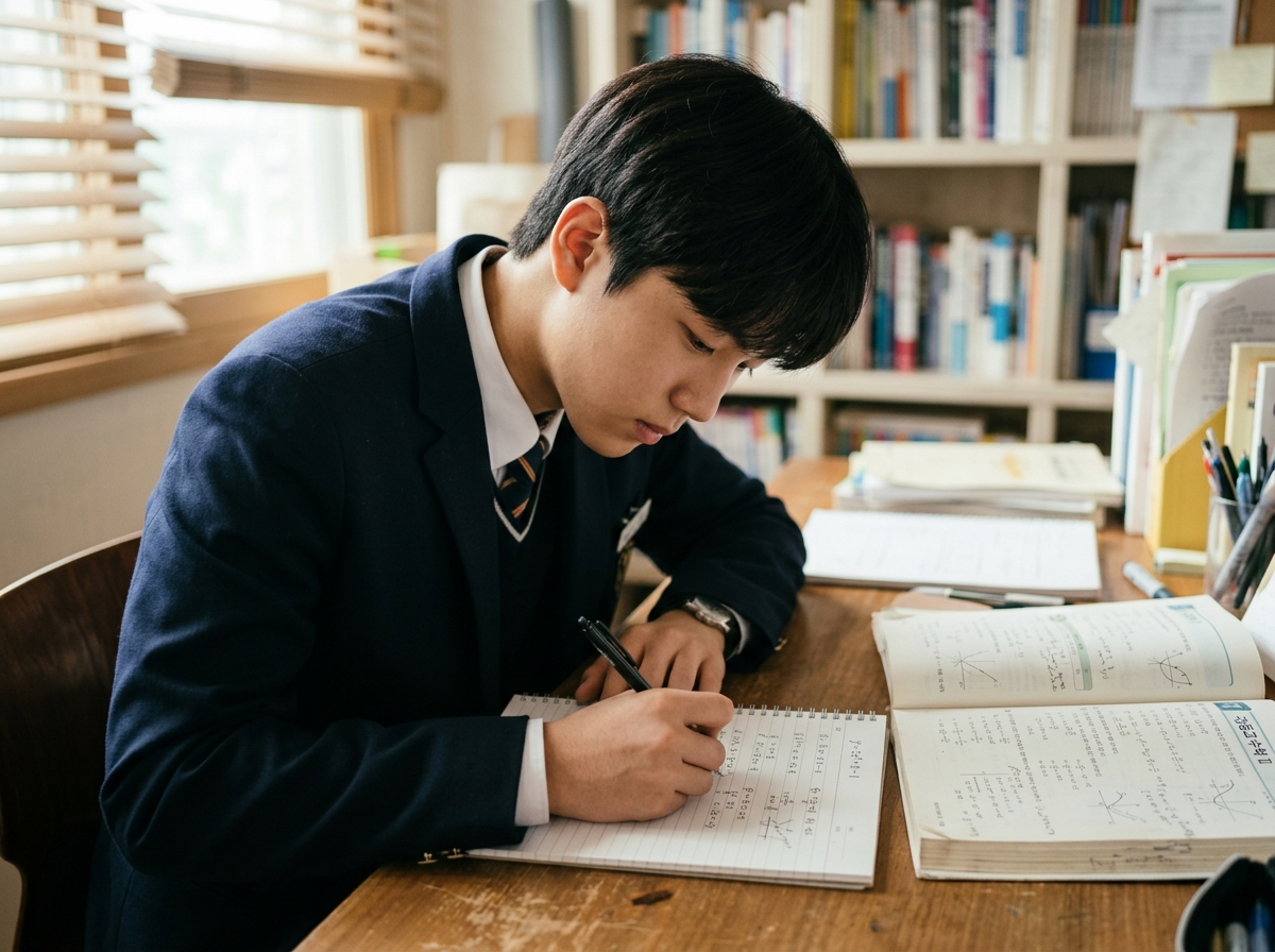고등학생이 오답 노트를 활용하여 수학 문제를 풀이하고 기록하는 장면