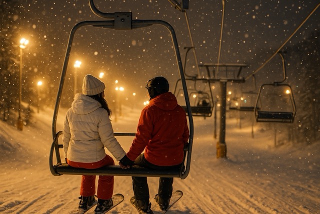 스키장에서 커플이 함께 리프트를 타는 모습