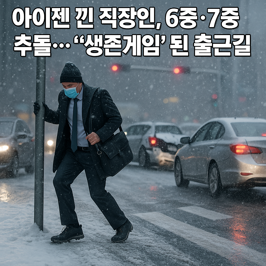 “폭설로 얼어붙은 출근길에서 아이젠을 착용한 직장인이 미끄러운 도로를 조심해 걷고, 주변에서는 6중·7중 추돌 사고가 발생한 상황을 보여주는 뉴스형 썸네일 이미지”