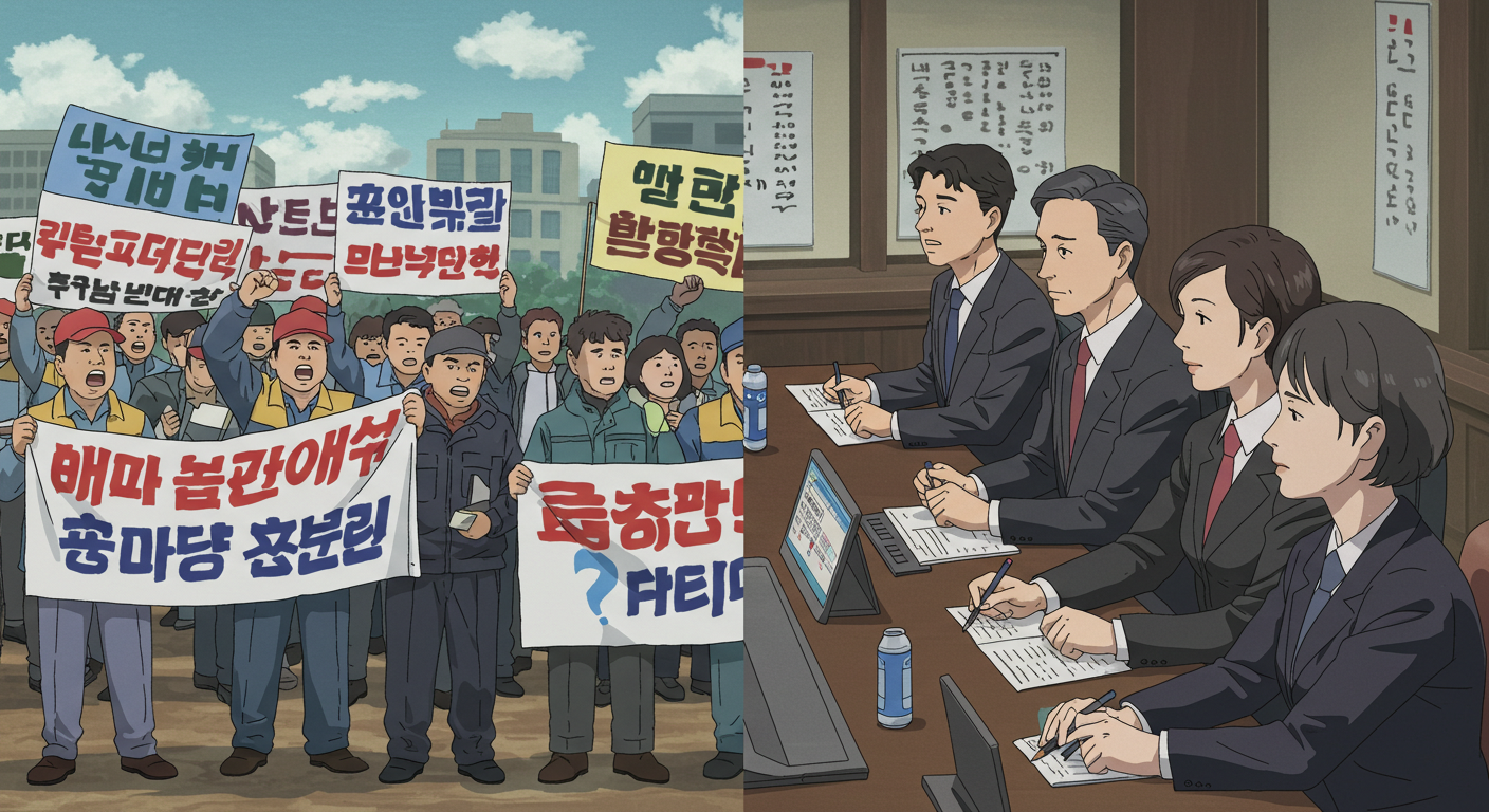 노동자 시위와 기업의 우려가 대비된 장면