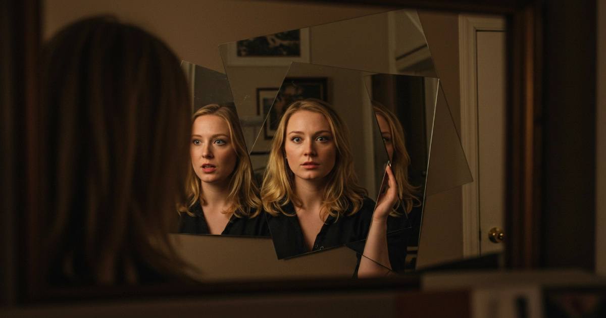 거울 속에 각기 다른 인격으로 분리된 타라의 모습을 표현한 이미지