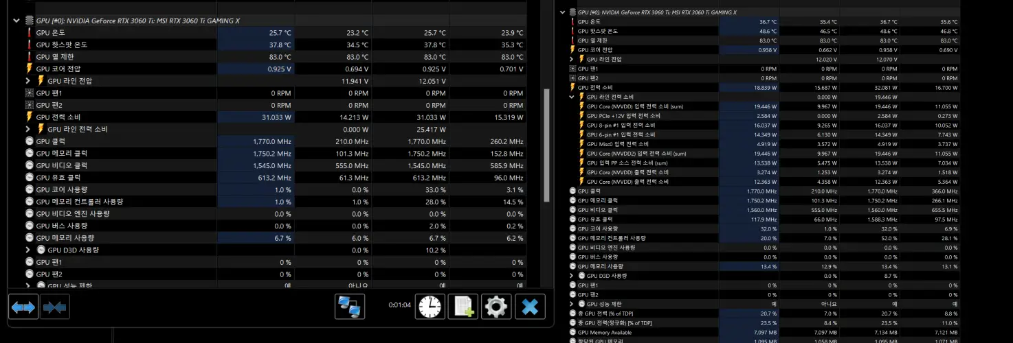 msi 3060ti 트윈프로저 Gaming X 써멀패드 교체 전 idle -> 교체 후 idle