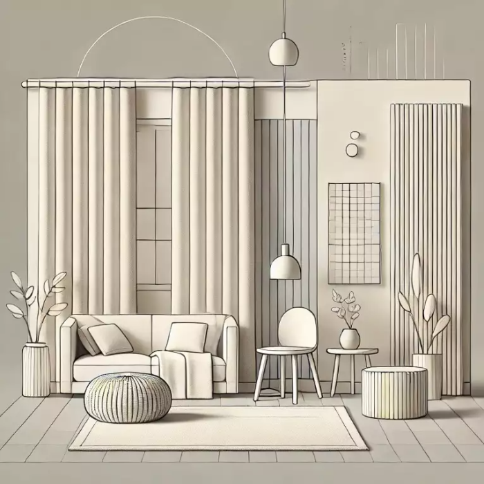 반려동물을 위한 아늑한 침대, 긁힘 방지 가구, 장난감이 있는 작은 놀이 공간, 손이 닿지 않는 안전한 위치에 배치된 실내 식물이 포함된 반려동물 친화적인 주거 공간의 간단한 삽화. 부드러운 파스텔 색상과 깔끔한 선으로 꾸며진 조화롭고 실용적인 환경