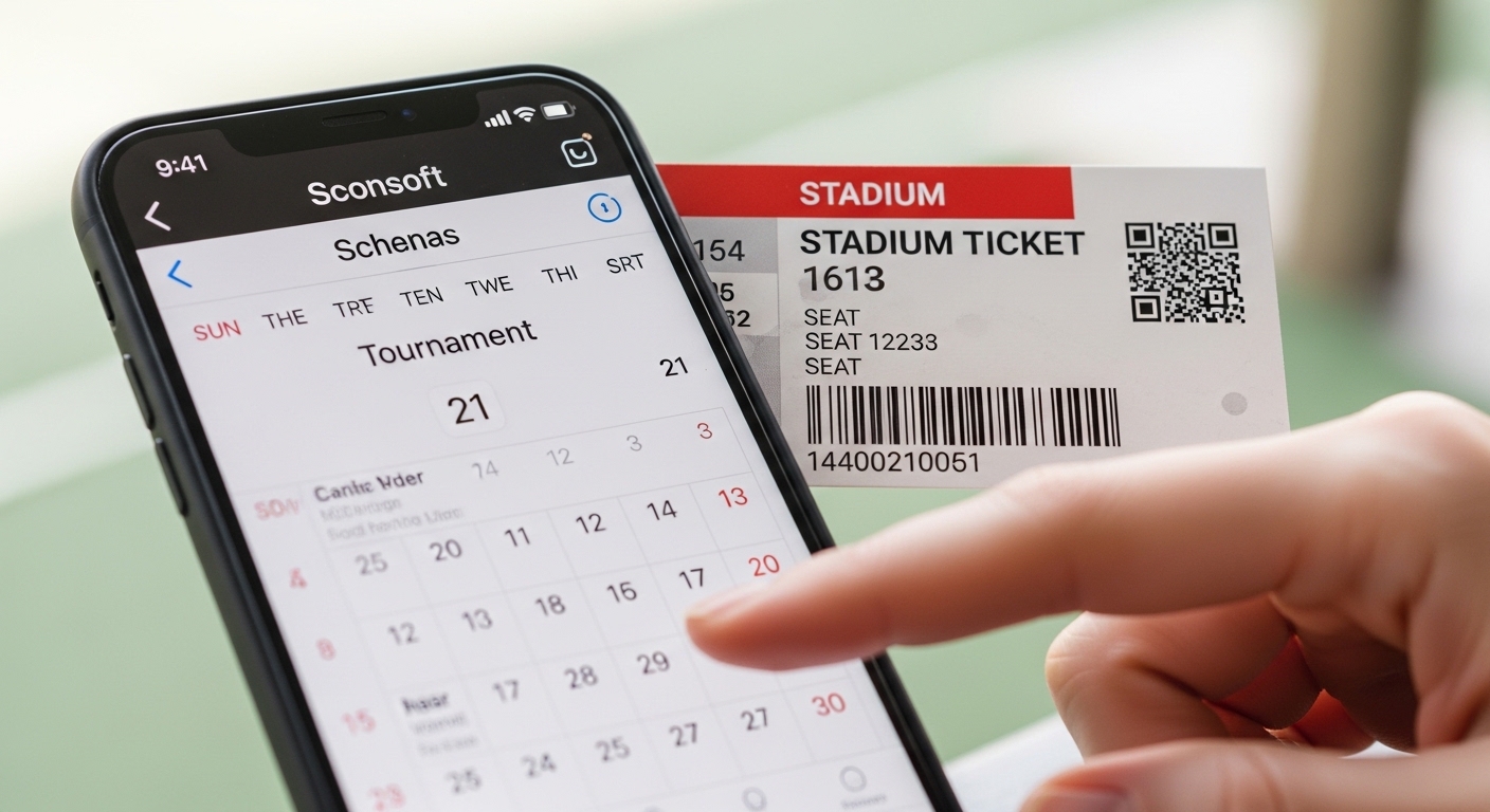 달력에 체크된 테니스 대회 일정과 경기장 티켓 이미지