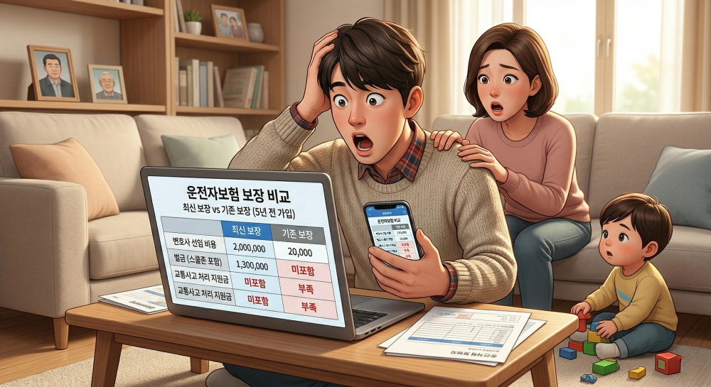 운전자 보험 기준에 대해 표현한 캐릭터 연출 이미지