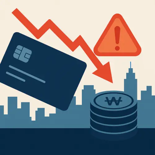 신용카드, 하락 화살표, 원화 동전 더미, 경고 표지가 있는 카드 연체율 증가를 표현한 그림