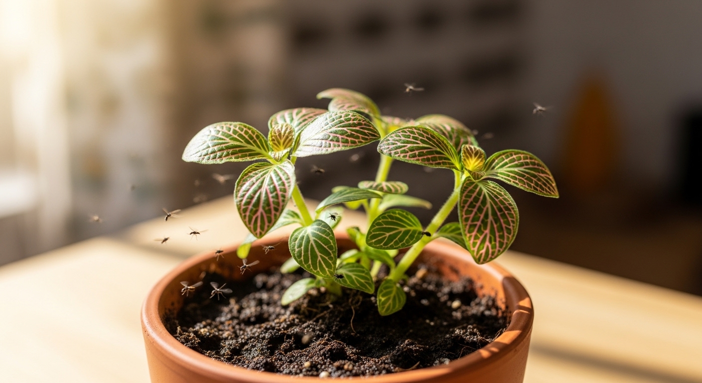 화분 옆에 날파리가 날아다니는 모습