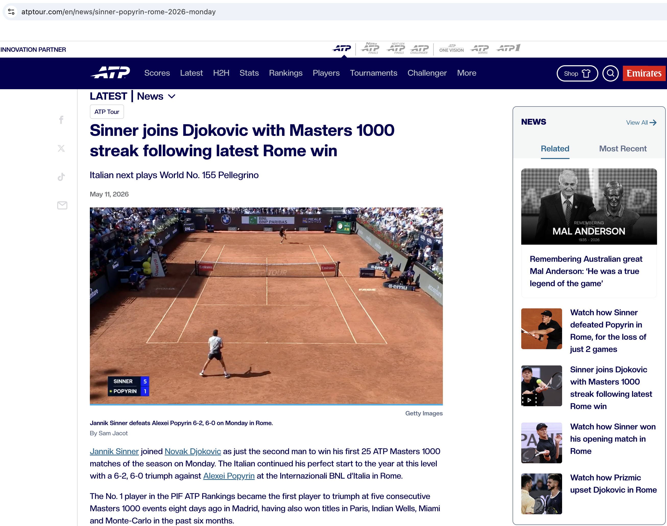 2026 ATP 로마 마스터스에서 알렉세이 포피린을 상대로 경기 중인 얀닉 시너와 마스터스 1000 연승 대기록 달성을 보도하는 ATP 투어 공식 홈페이지 뉴스 기사 화면