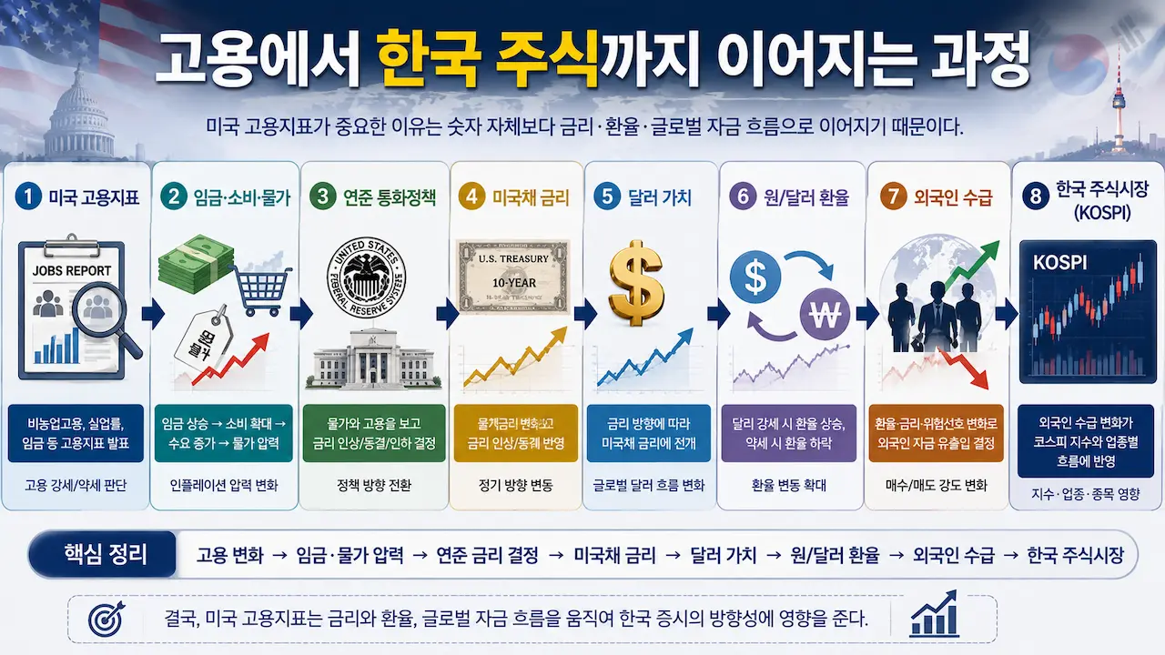 미국 고용이 임금 소비 물가 연준 금리 미국채 금리 달러 환율 외국인 수급을 거쳐 한국 주식으로 전달되는 흐름