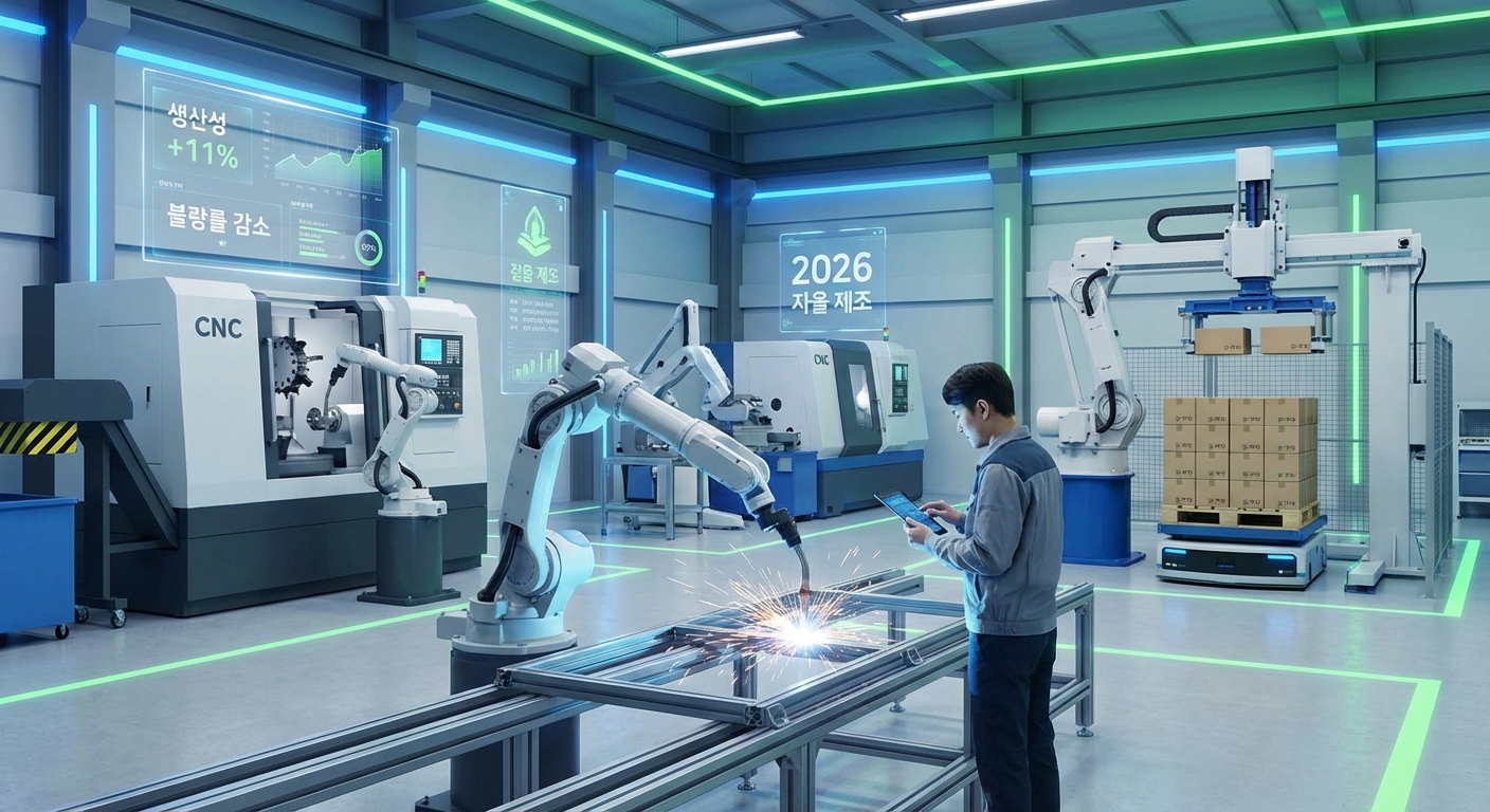 2026년 스마트 팩토리에서 협동로봇이 용접, 머신텐딩, 물류 적재 작업을 수행하고 작업자가 태블릿으로 데이터를 관리하는 모습. 생산성 향상과 불량률 감소 지표가 홀로그램으로 표시되어 있다
