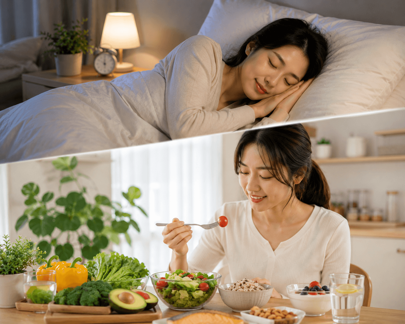 충분한 수면과 건강한 식습관을 함께 관리하는 모습