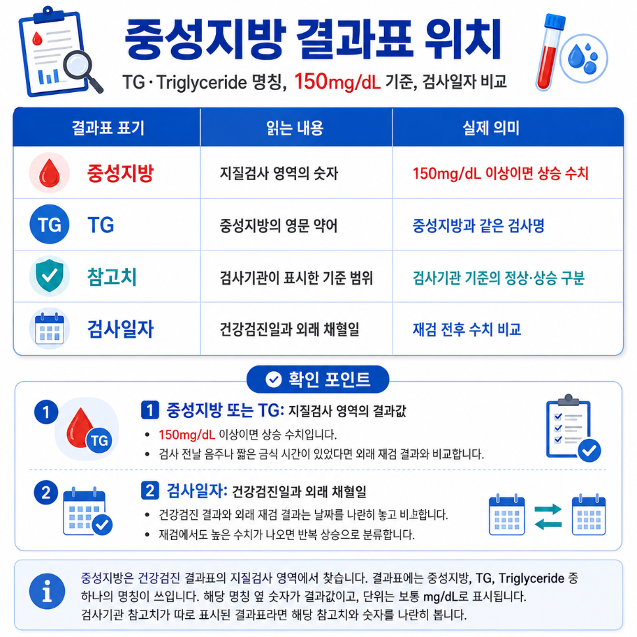 건강검진 결과표에서 중성지방 또는 TG 항목 위치와 150mg/dL 기준, 검사일자 비교 방법을 안내한 메디컬 인포그래픽